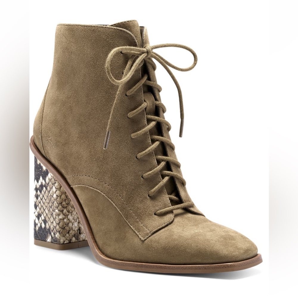Vince Camuto suede lace up, square toe ankle boots with snake skin block heel.